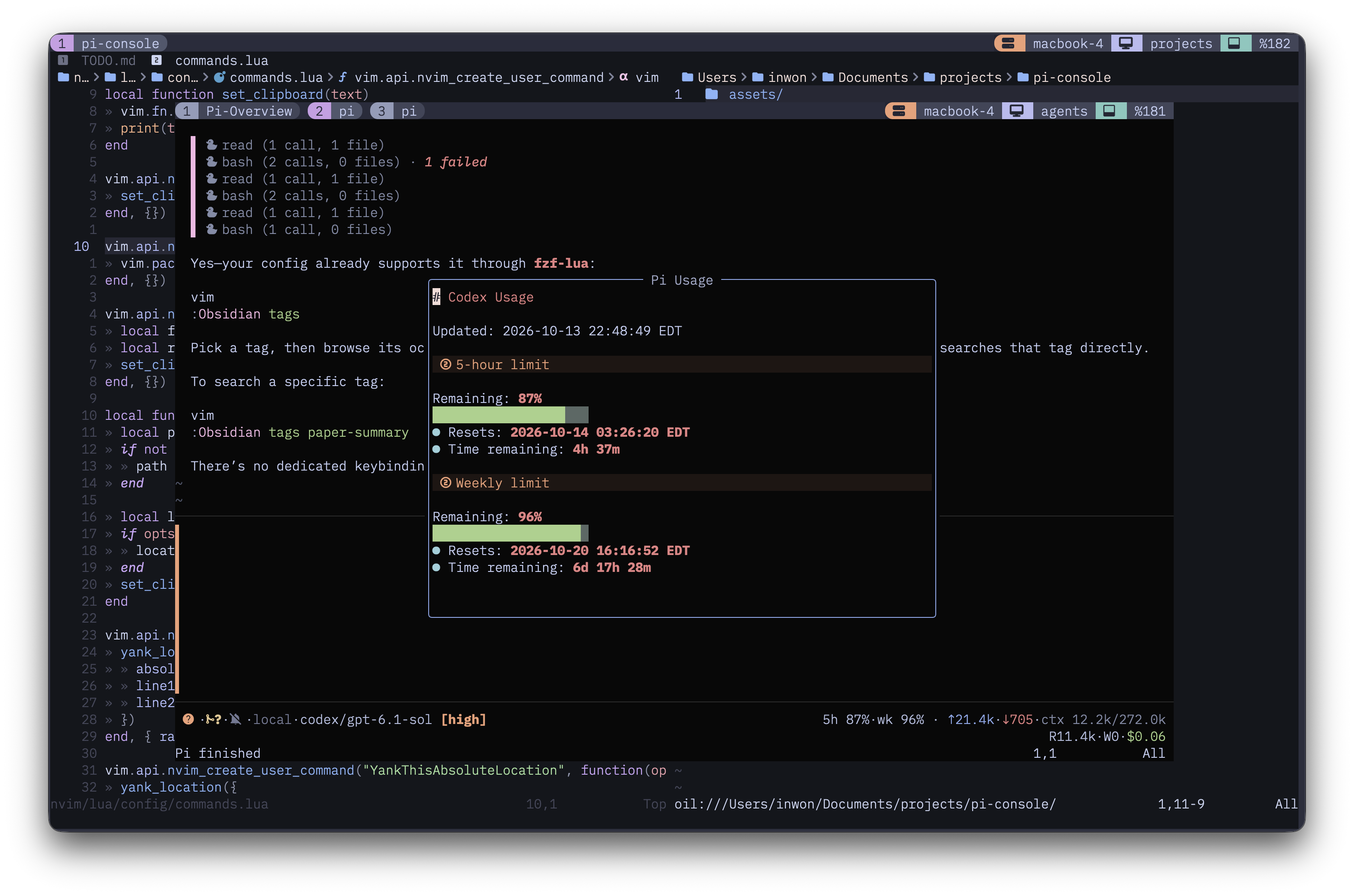 OpenAI Codex usage popup showing remaining five-hour and weekly quotas, reset timestamps, and time remaining
