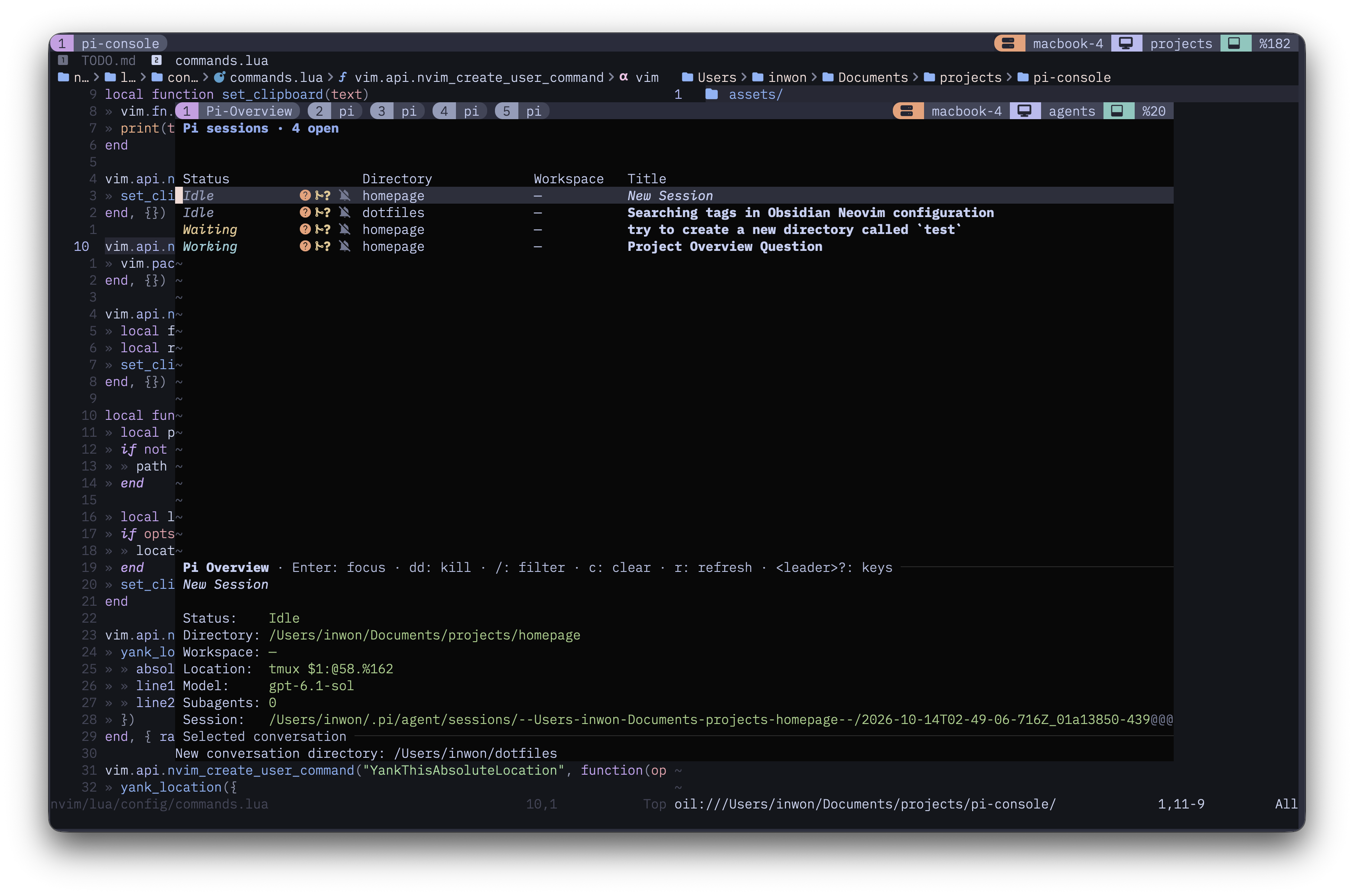 Session overview listing idle, waiting, and working conversations, with directory, workspace, and title columns