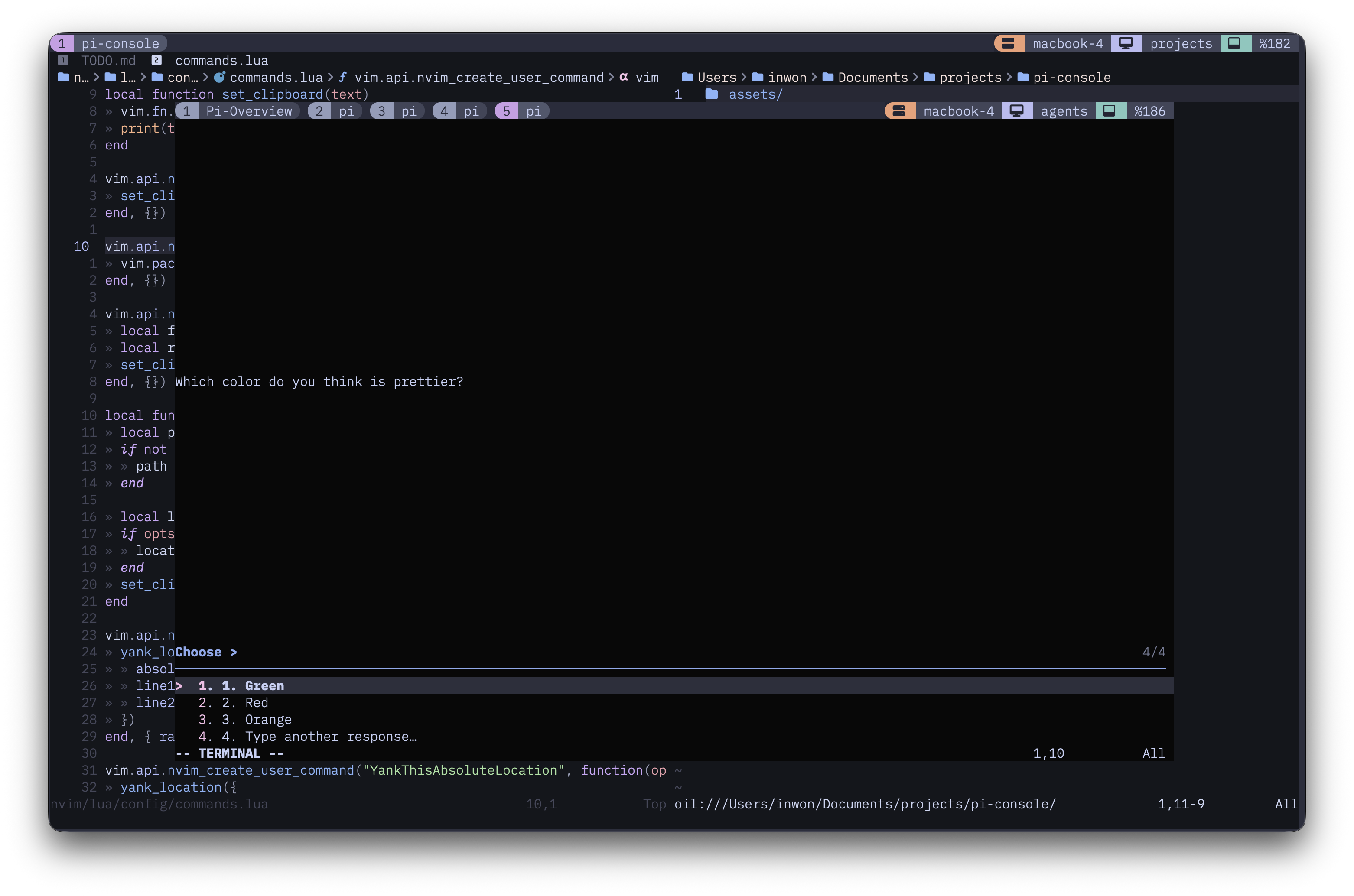 Question picker asking for a color preference, with Green, Red, Orange, and a custom response option