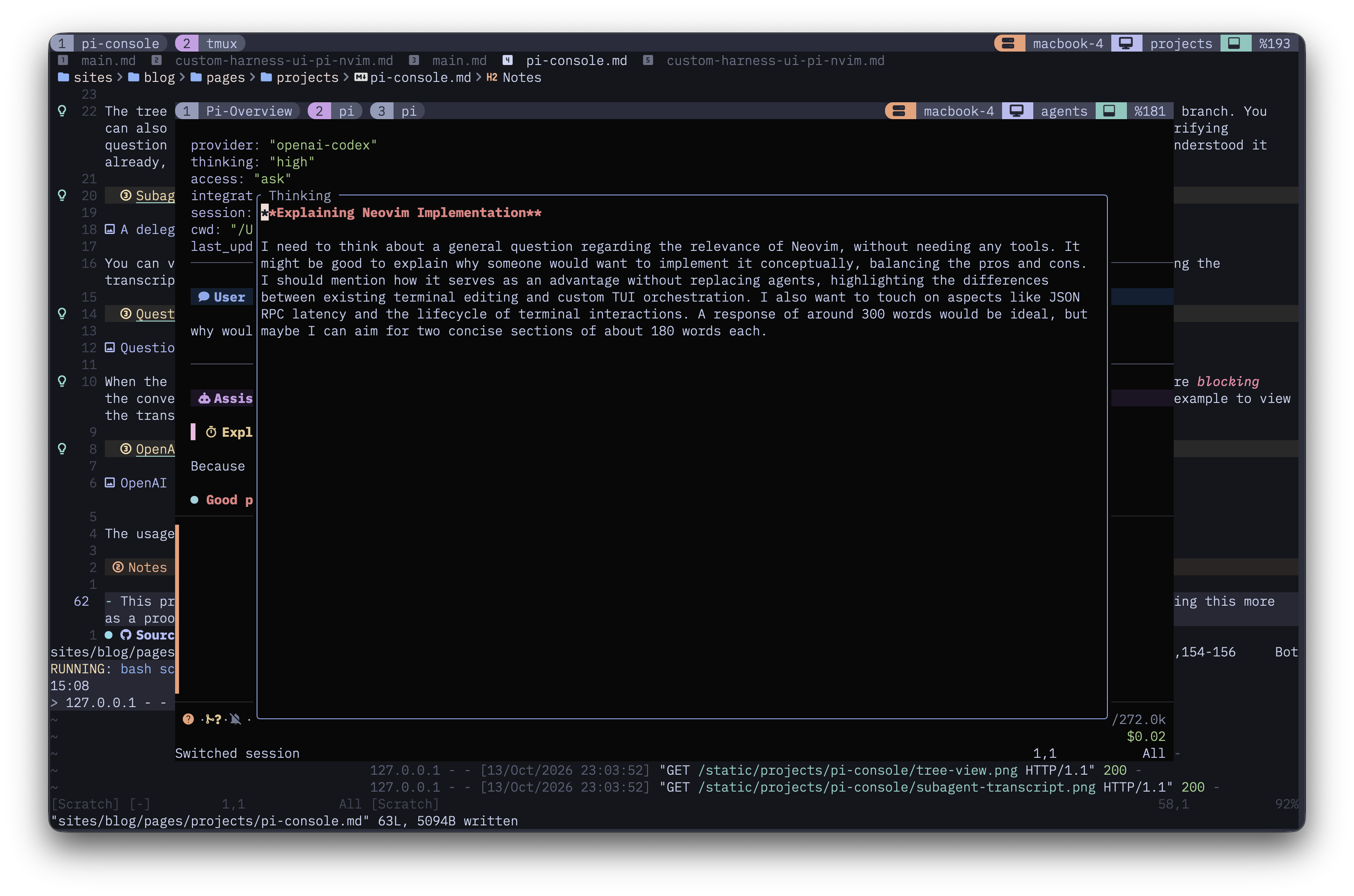 Reasoning trace of the agent in a floating buffer