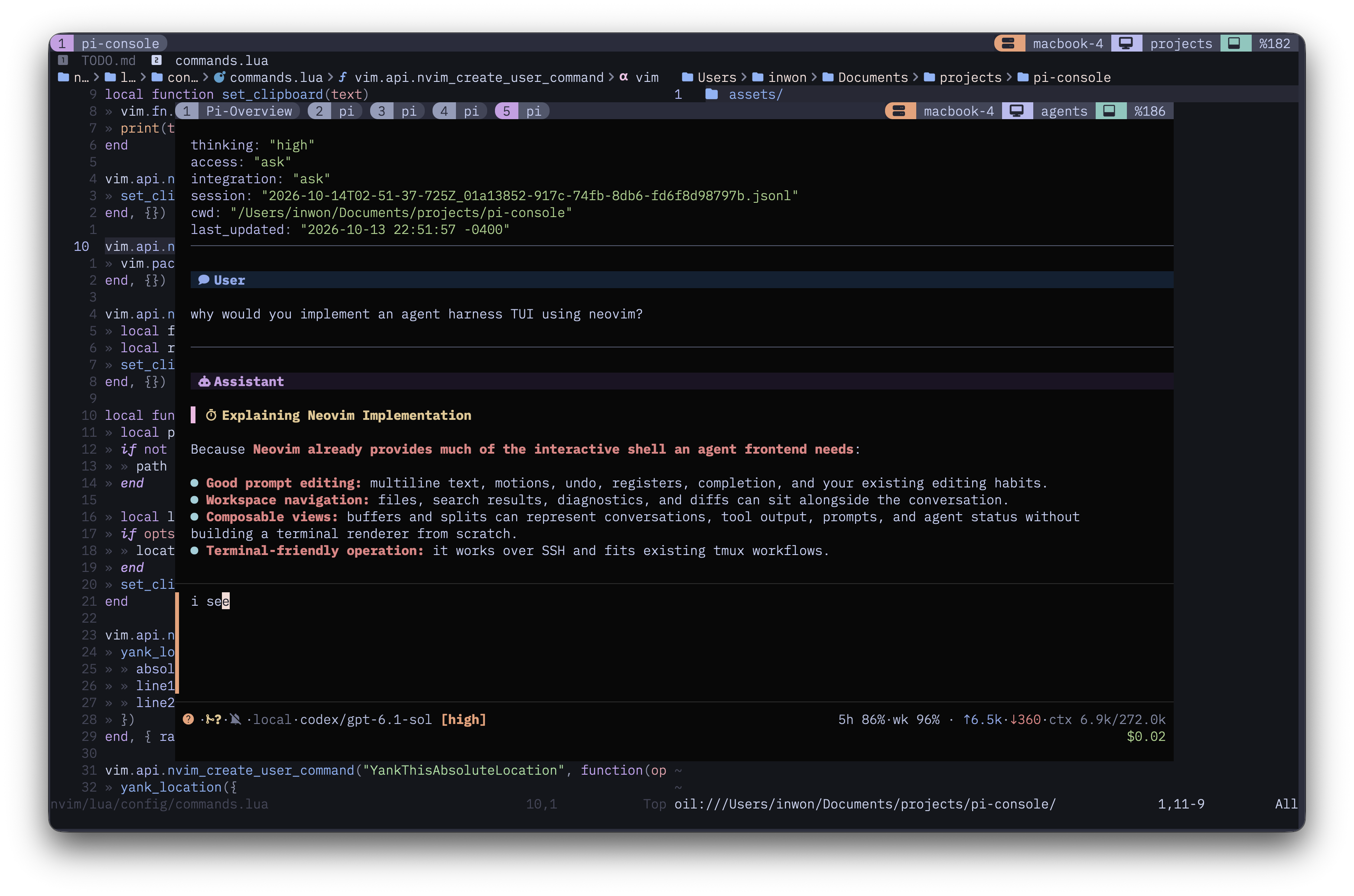 pi-console conversation in a tmux popup, with a rendered transcript, editable prompt, and session statusline