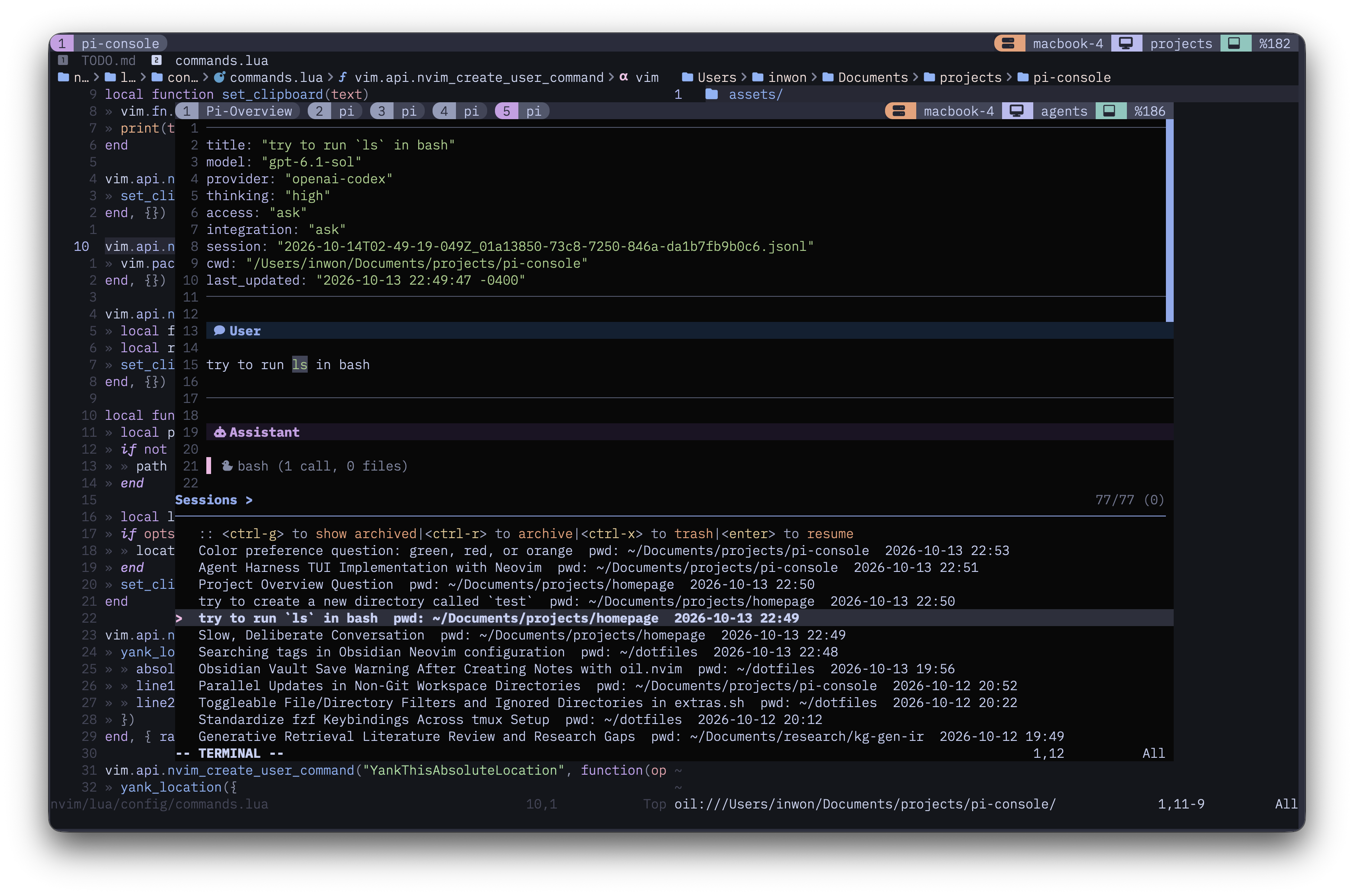 Session history picker with saved conversation titles, directories, timestamps, and a transcript preview above the list