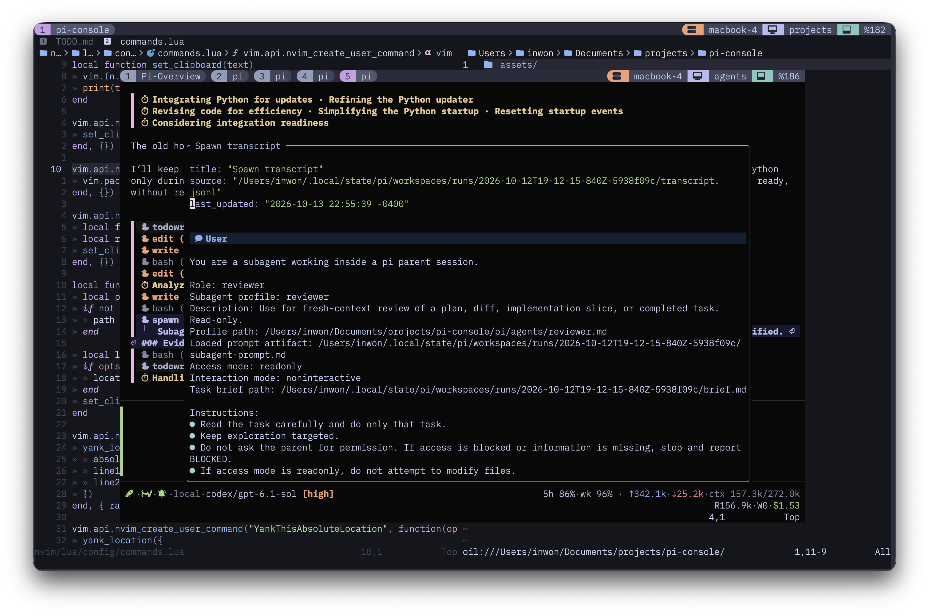 A delegated reviewer's transcript in a floating window over the parent conversation
